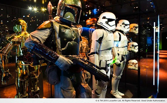 Original Boba Fett and Stormtrooper costumes displayed at the exhibition Star Wars Identities: The Exhibition 