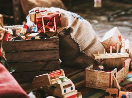 Christmas tree, gifts, festive scene