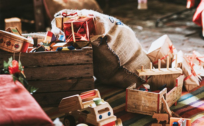 Christmas tree, gifts, festive scene