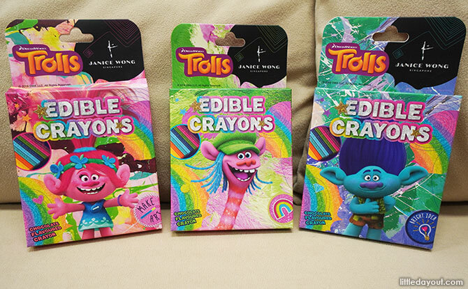 Three different box designs - Trolls Chocolate Crayons by Janice Wong Singapore