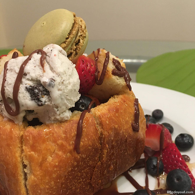 Brick Toast Dessert Served with Fruits, Macarons & Ice Cream