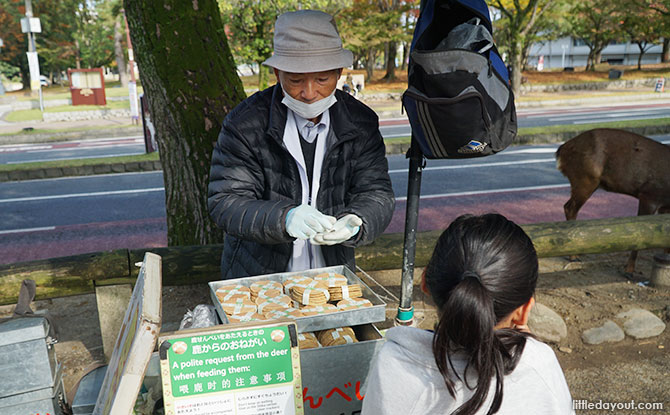 Street vendors located throughout Nara Park sell deer crackers.