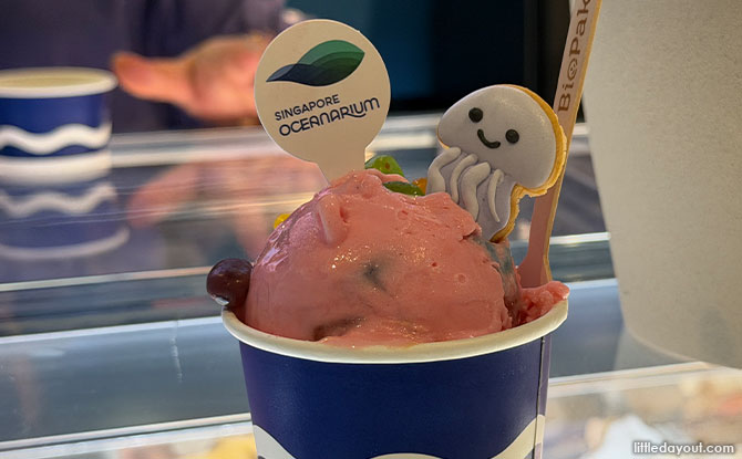 Discover The Wonders of Sea Jellies At The Singapore Oceanarium 10 Bubblegum Gelato is topped with jellybeans and accompanied by a Sea Jelly Mini Cookie.