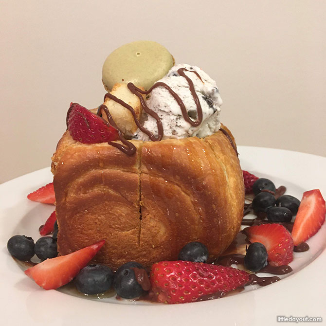 Brick Toast Dessert Served with Fruits, Macarons & Ice Cream