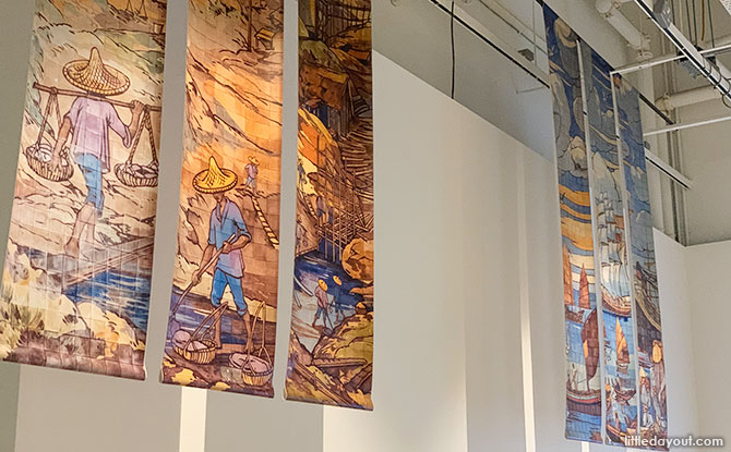 Banners depicting the murals found at the old Tanjong Pagar Railway Station
