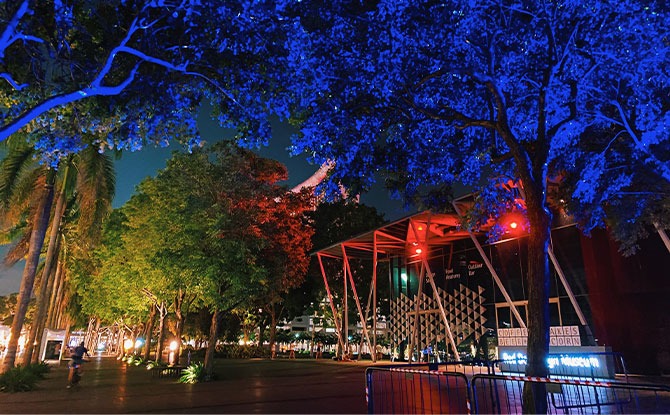 Colourful Light Installations Illuminate The Marina Bay Waterfront This December 3 immersive projection of a galaxy of stars onto treetops