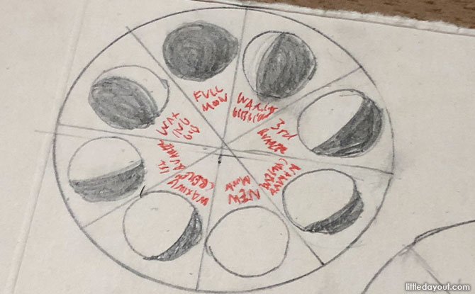 Draw the phases of the moon in the different sections