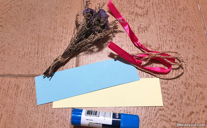 Materials needed to make pressed flower bookmarks