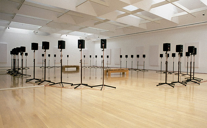 Janet Cardiff, The Forty Part Motet (A reworking of “Spem in Alium,” by Thomas Tallis 1556), 2001. Collection of Pamela and Richard Kramlich. Fractional and Promised Gift to The American Fund for the Tate Gallery. Installation view. Musée d'Art Contemporain, Montreal 2002.