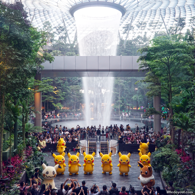 Pikachu, Eevee and Mimikyu dancing at Jewel Changi Airport as part of the Pokemon Parade