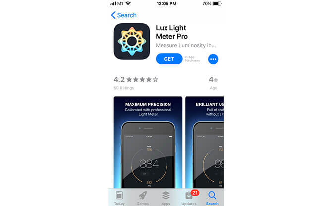 Many lux light meter apps, both free and chargeable, are available in the Apple App Store or in Google Play.