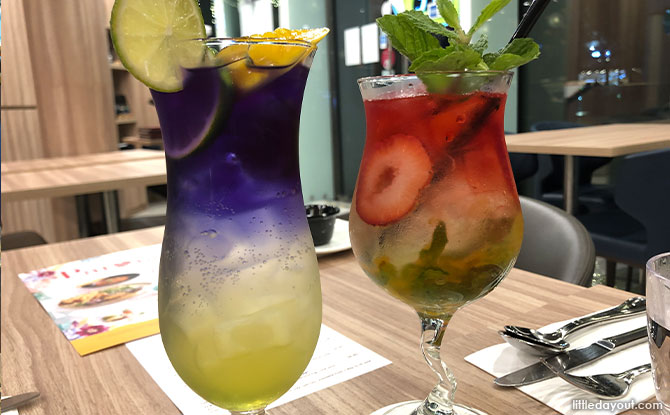 The Iced Hibiscus Citrus Soda Tea and Iced Butterfly Pea Spicy Mango Soda Tea