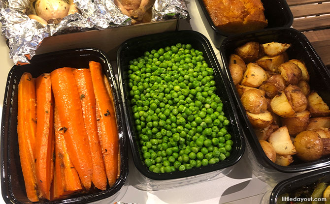 Butter minted peas, honey glazed carrots, rosemary roasted potatoes