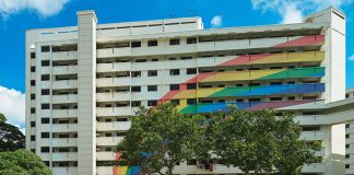 Block 316 with its iconic rainbow mural painted on its façade at Hougang Avenue 7, 2020