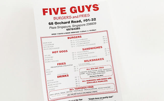 Five Guys Singapore Menu