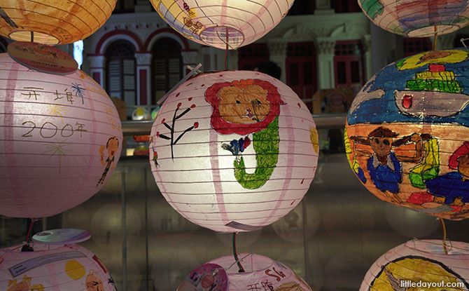 Lanterns from the Lantern-painting competition on display in Chinatown. Mid-Autumn Festival in Singapore