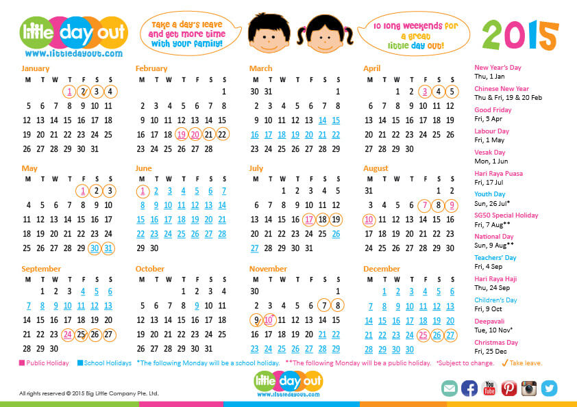 Singapore Public & School Holidays Calendar 2015