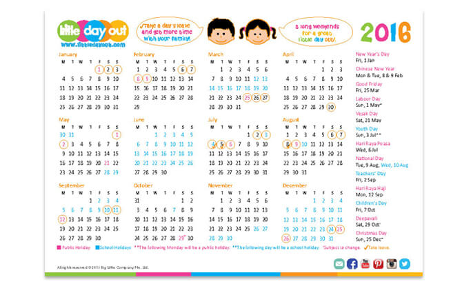 Singapore Public & School Holidays Calendar 2016