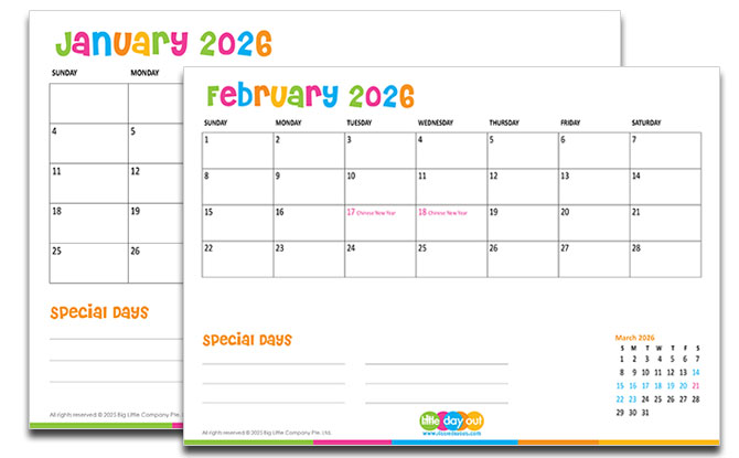 Little Day Out's 2026 Calendar & Singapore Public Holidays & MOE School Holidays 2026 2 Little Day Out 2026 Calendar Months