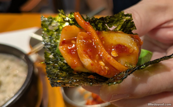 JIHO Samgyetang SBCD: Hearty Korean Ginseng Chicken Soup 6 wrap the avocado and salad in the seaweed.