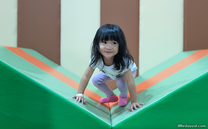 soft foam pit provides a safe landing spot for jumps and tumbles
