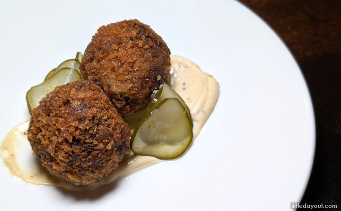 Meatsmith Turns 12: Familiar Comfort, Thoughtfully Layered 4 Boudin Balls with Pickled Cucumber
