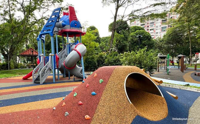 Palm View Garden Playground: Transformer In Disguise? 4 play mound with climbing holds