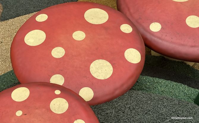 Parc Point Playground At The Knolls: Whimsical Rooftop Garden 6 bright red toadstools