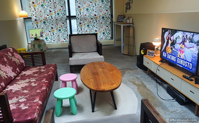 Eisa Jocson’s installation at Lucky Plaza, The Filipino Superwoman X H.O.M.E. Karaoke Living Room