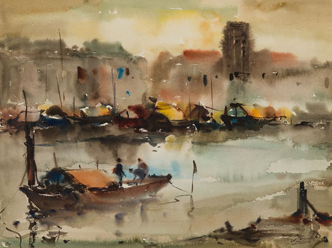 Singapore River 1962 Watercolour on paper. Collection of National Gallery Singapore. © Family of Lim Cheng Hoe