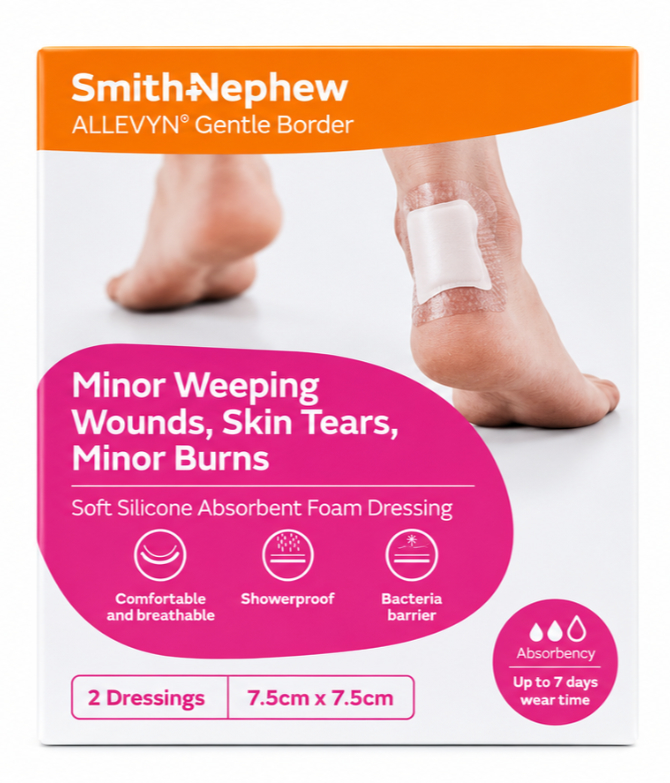 Pain-Free Dressing Changes: What Every Parent Should Know 3 Smith+Nephew Allevyn Gentle Border: a soft silicone foam dressing that’s showerproof and gentle on skin.