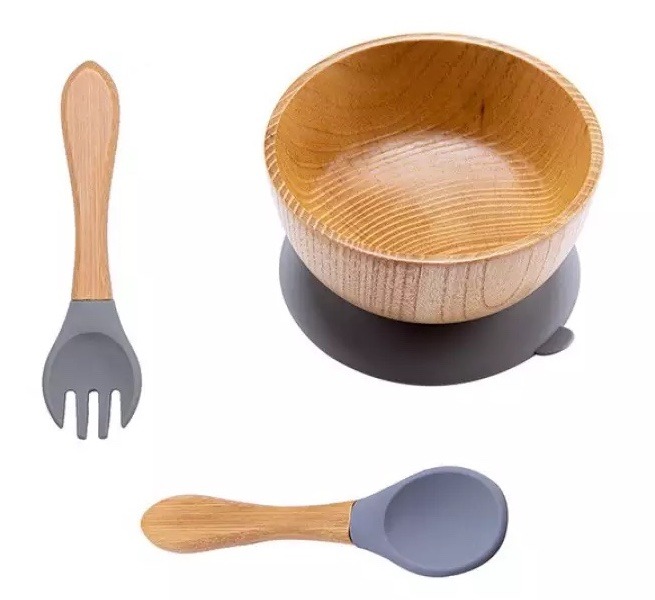 Kids Wooden Feeding Dinnerware With Silicone Suction Cup
