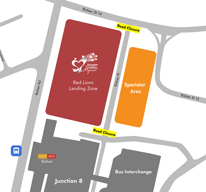 Where To Watch Red Lions Location #1 – Bishan (Open field next to Bishan MRT Station), 8.40 am to 9.30 am