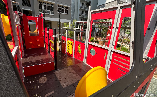 Inside the fire engine at Boon Lay Glade Playground