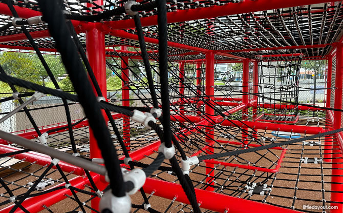 Bulim Park: 3-Level Sheltered Playground & Nature Playgarden 3 red Bulim Park playground structure