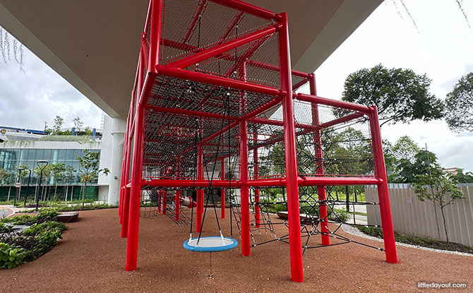 Bulim Park: 3-Level Sheltered Playground & Nature Playgarden 5 the net playground is located under a "Sky Corridor"