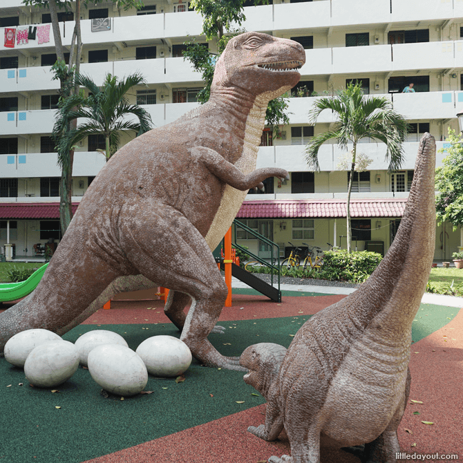 Smaller dinosaur with the larger one.