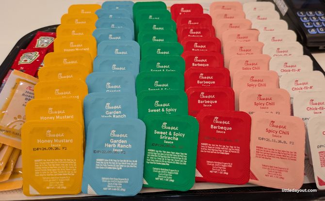 Chick-fil-A Opens At Millenia Walk On 30 July 5 The seven sauces include: Honey Mustard Sauce - a little sweeter and less tangy than the usual, Garden Herb Ranch, Sweet & Spicy Siracha, Barbeque, Spicy Chilli, Honey Roasted BBQ, Original Chick-fil-A.