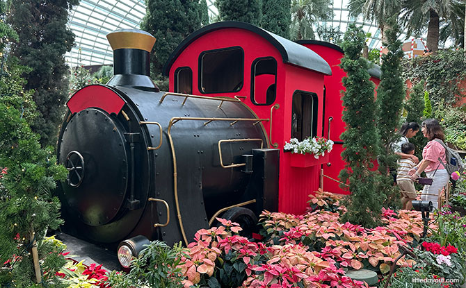 Gardens By The Bay Christmas Train Show 2025: Christmas Cheer At The Flower Dome 7 black-and-red locomotive reminiscent of a classic Danish steam train