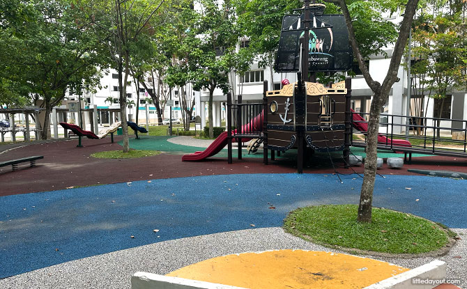 Circle Green Park: Three Playgrounds Including A Climbing Pyramid 7 rope merry-go-round and a linear see-saw