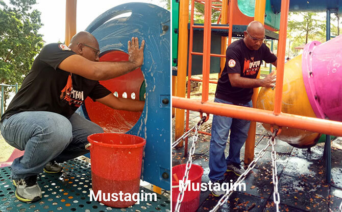 Man Voluntarily Cleans Playground To Help Protect Children From Coronavirus cleaning