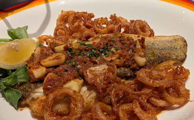 Dancing Crab Review: Enjoy Seafood Right Next To Sentosa 3 Pan-Seared Sea Bass with Semi-Dried Tomato and Pickled Pearl Onion Sauce