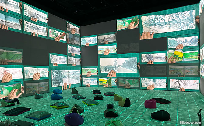 David Hockney: Bigger & Closer (not smaller & further away) – Inside An Artist's Vision 2 David Hockney: Bigger & Closer (not smaller & further away) runs on a 50-minute loop and unfolds as a cinematic experience.