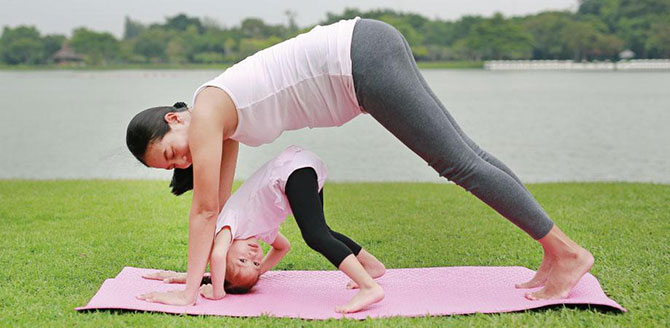 Family Yoga at Autumn in the Train