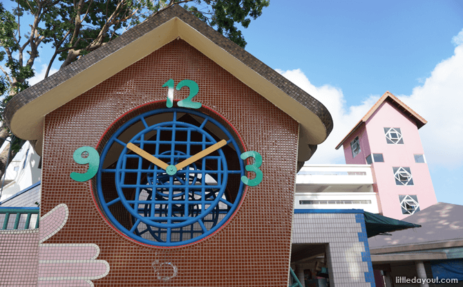 Gabled roof of the clock at Bishan Clock Playground