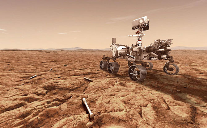 NASA's Mars 2020 rover will store rock and soil samples in sealed tubes on the planet's surface for future missions to retrieve, as seen in this illustration.