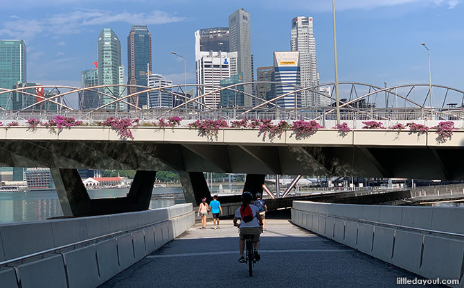 Cycling under Bayfront Avenue and the Helix Bridge