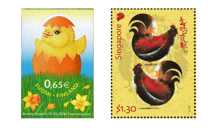 Left: Easter chick (Finland, 2006), Right: Zodiac Series - Rooster (Singapore, 2017)