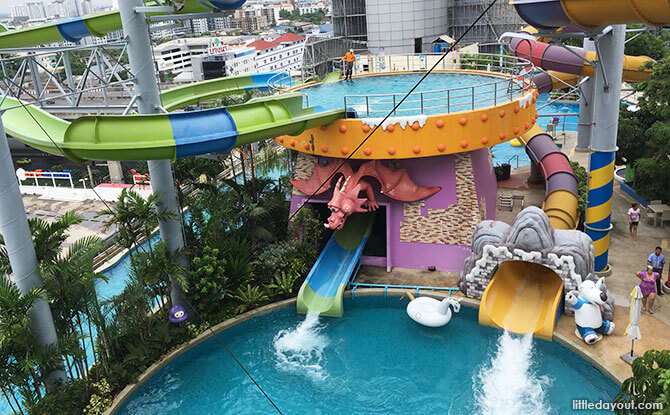 Two landing pools in one ride at Tong Tong’s Magic Slide (the one in green and blue)