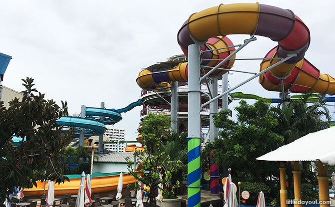 Part of the 158 metre-long Pororo’s Funnel (the yellow, purple and red slide). You can also catch a glimpse of Eddy’s Adventure (blue slide on the left) here.